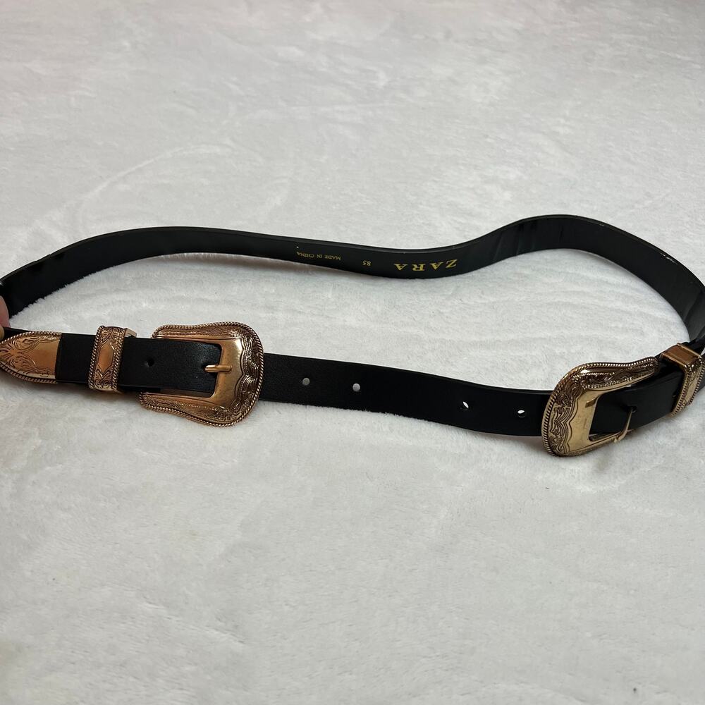Zara Women's Double Buckle Western Belt Size 32 (85) Gold Engraved Hardware